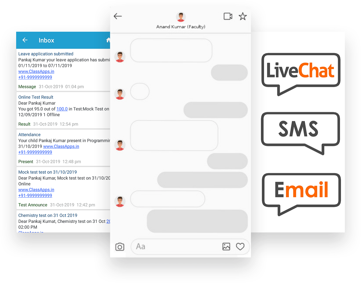 classapps communications for coaching institute using SMS, Live Chat, Email and App Notification